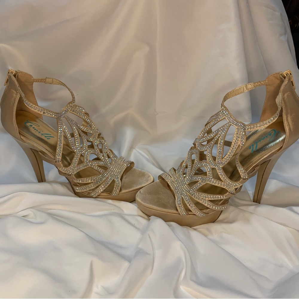 Embellished Gold Satin High Heel Sandals with Ankle Strap